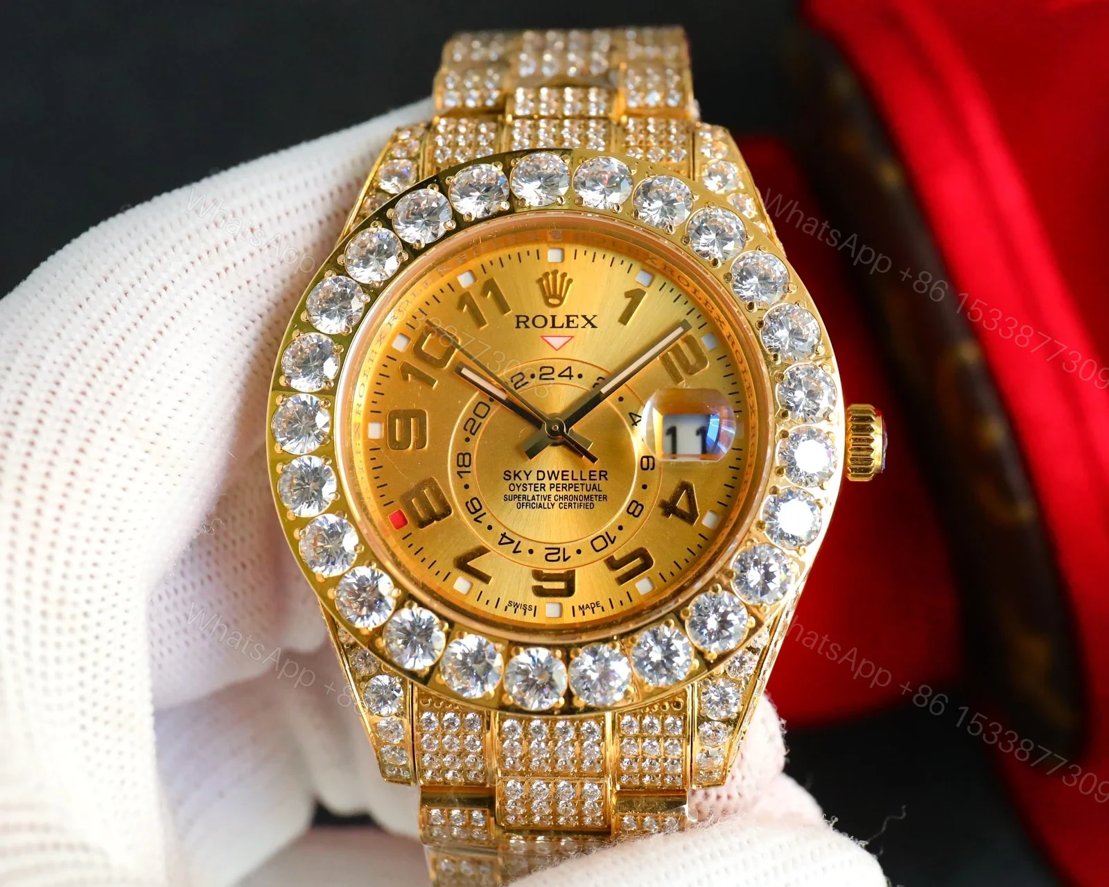 View 2 of Iced Out Sky-Dweller Gold Watch Full Diamond Bracelet Ultimate 42MM ROLEX-SKY-DWELLER-GOLD-ICED-FULL-DIA-42