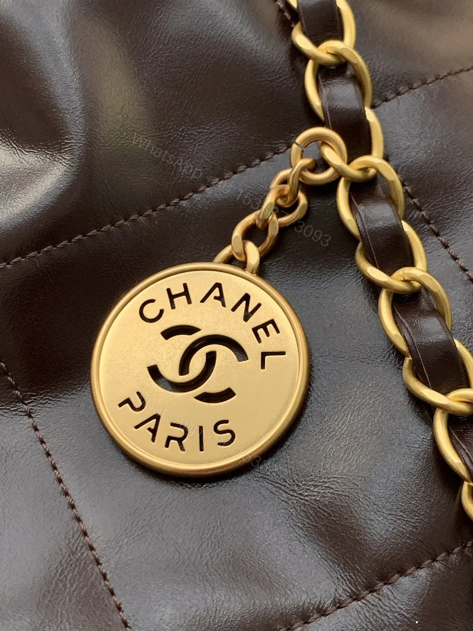View 3 of Quilted Leather Tote with Gold Chain—Chic Lux Tote