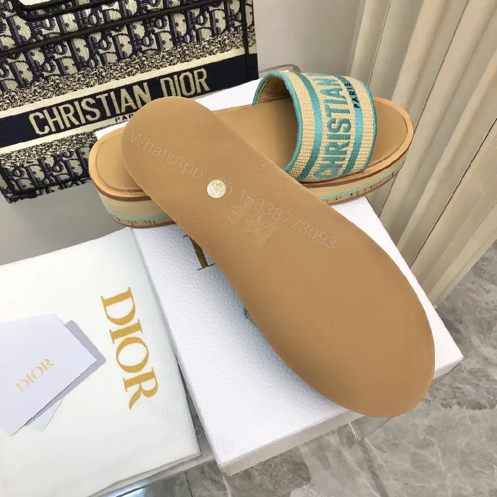View 10 of Turquoise Canvas Striped Platform Sandals with Christian Dior Print