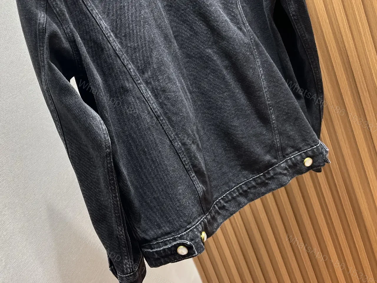 View 4 of Oversized Black Denim Jacket with Gold Monogram Embroidery