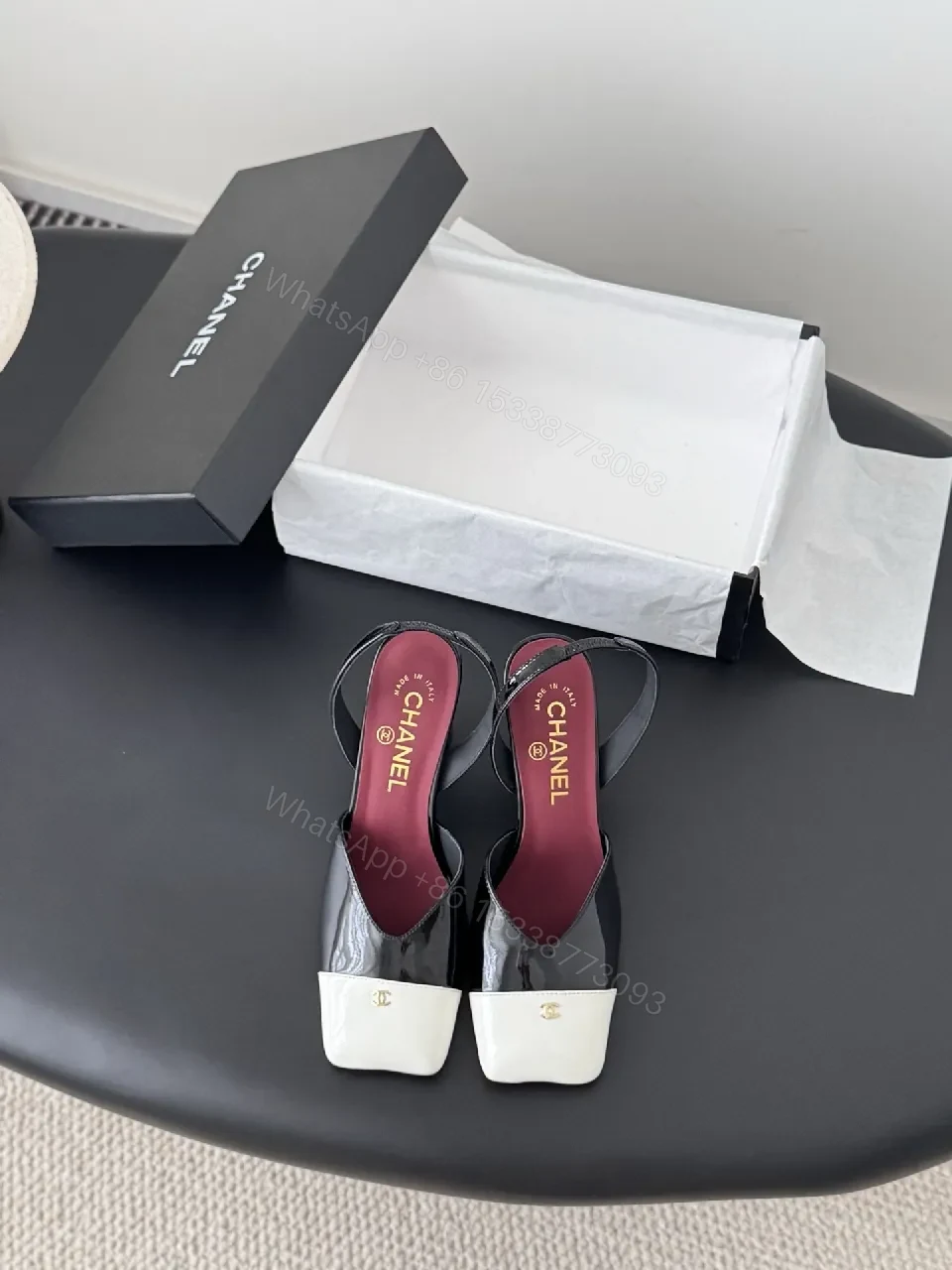 View 8 of White-to-Dark Patent Open-Toe Slingback Heels with Block Heel