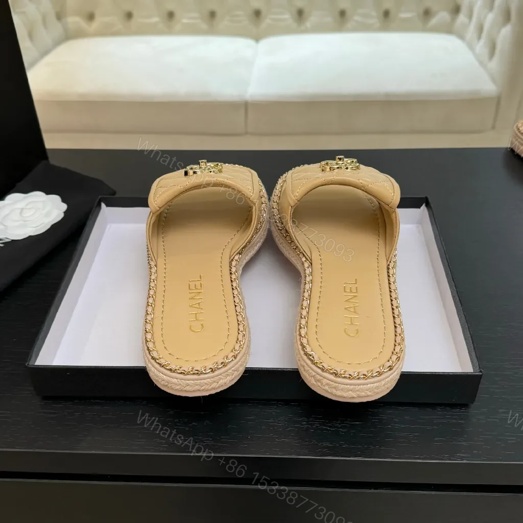 View 6 of Beige Quilted Slide, Gold Logo, Designer-Inspired Comfort