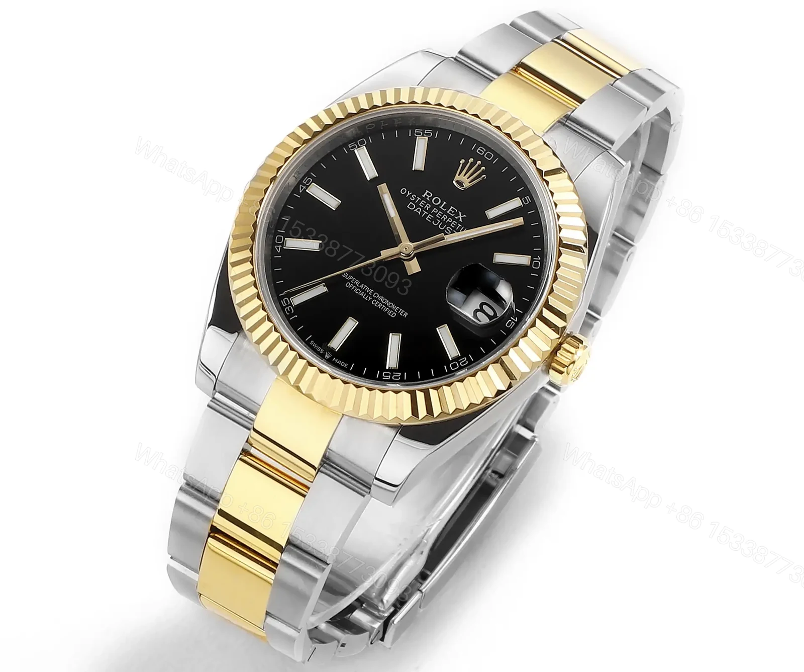 View 2 of Rolex Datejust 41 Yellow Rolesor Fluted Oyster Black Dial Watch 126333-0013
