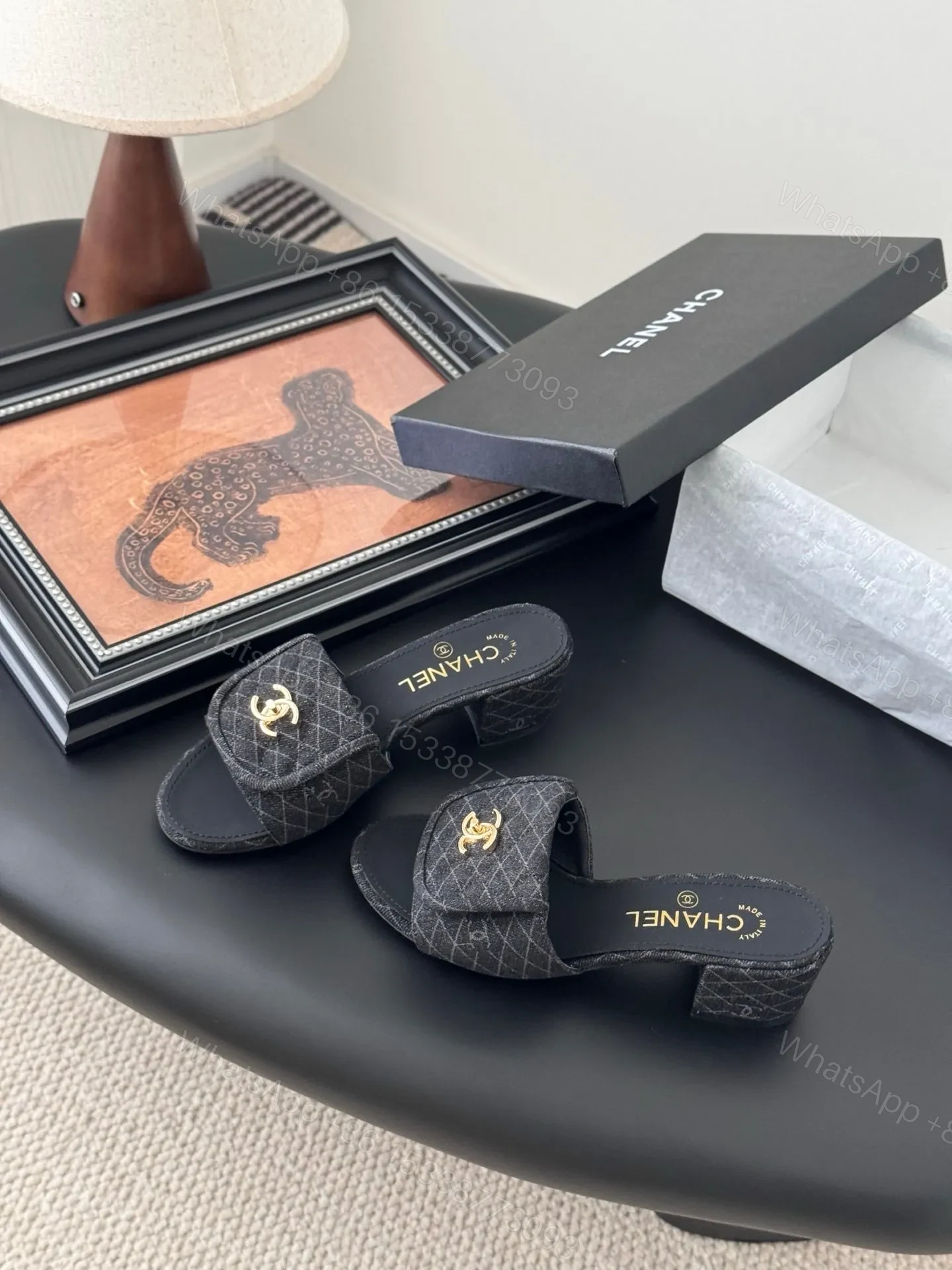 View 6 of Chanel Women Black Quilted Fabric Slides
