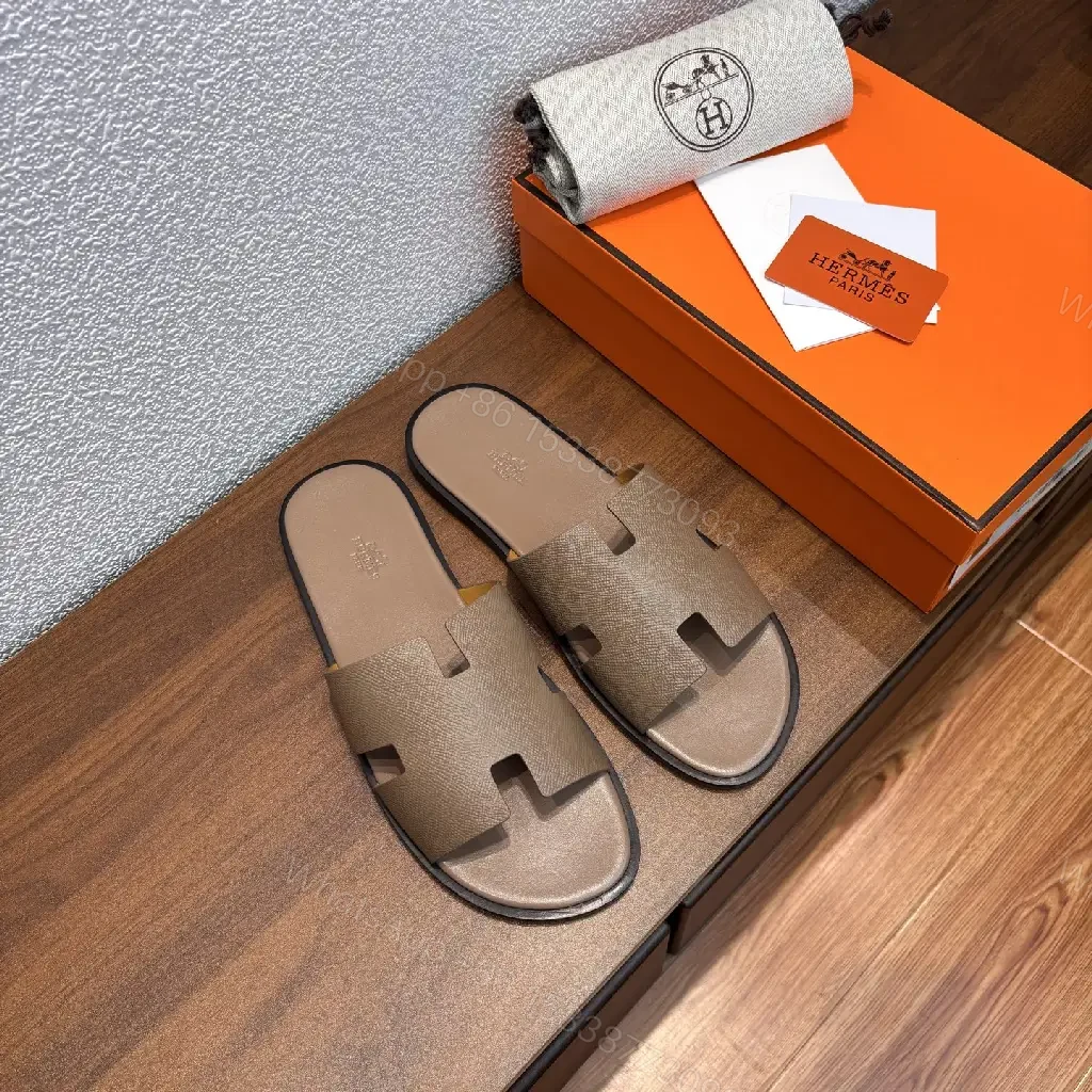 View 5 of Beige Leather Hermès-Style Slide Sandals with Cutout Strap