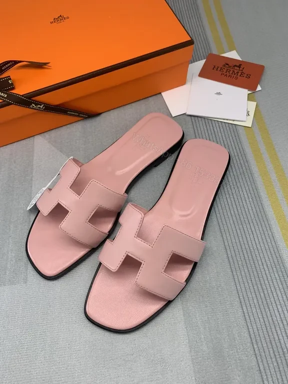View 5 of Pastel Pink Hermes Oran Slides - Luxury Calf Leather Sandals