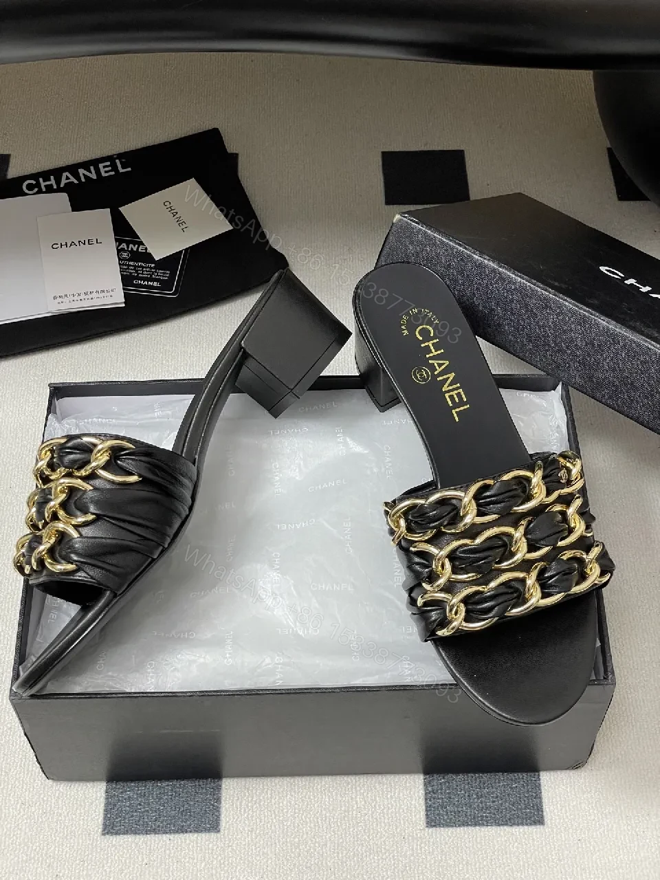 View 4 of Black Leather Chain-Detail Mules, Open-Toe, Low Block Heel