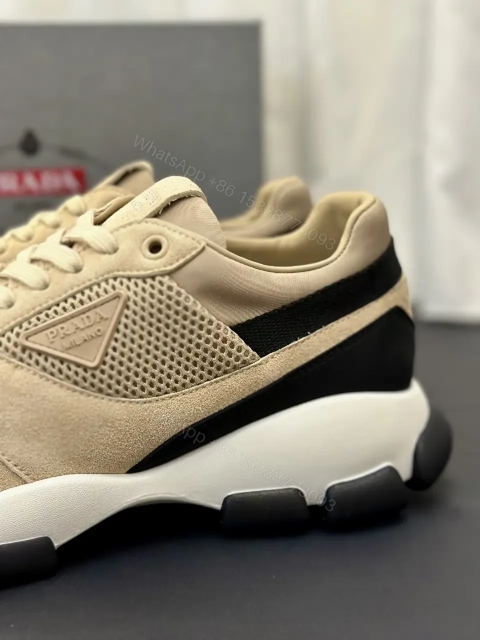 View 5 of Beige Mesh & Suede Sneakers, Lightweight Runner Style, Prada Lookalike