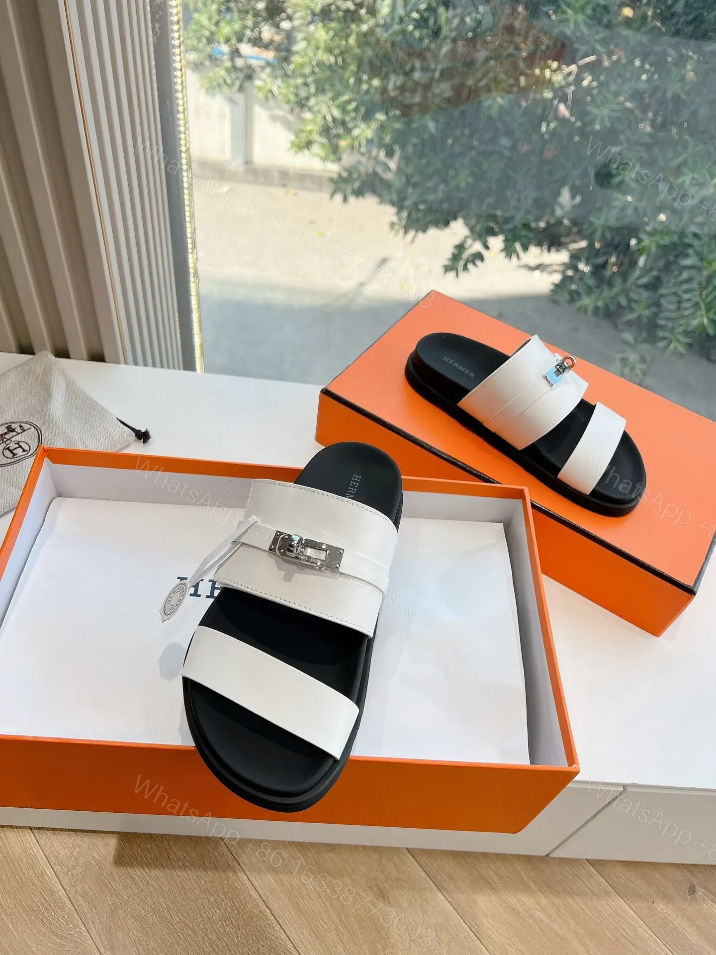 View 4 of Hermes Women White Leather Straps Flat Sandals