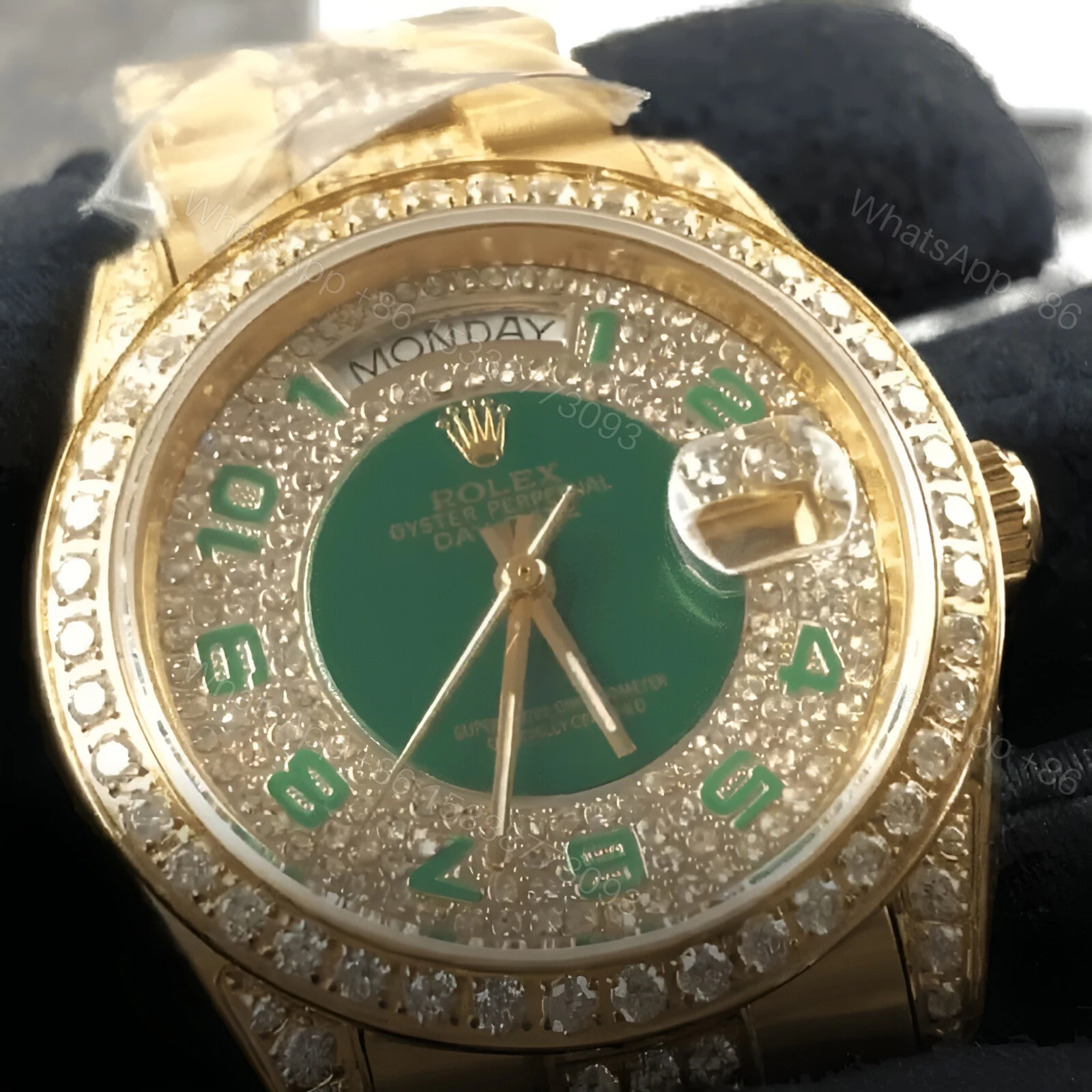 View 3 of Rolex Datejust Yellow Gold Green Dial Iced out 118348 Replica