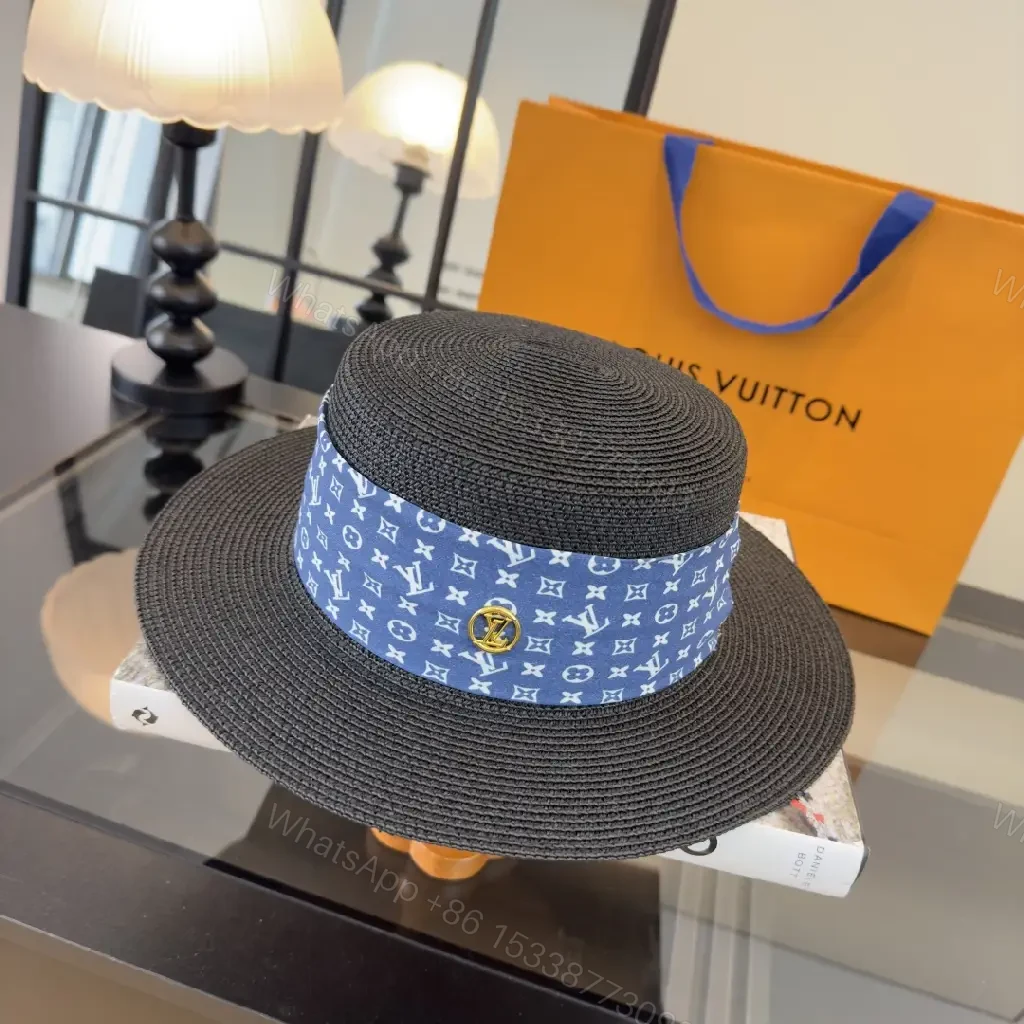 View 3 of Black Woven Hat with Blue Band and LV Charm | Wide Brim