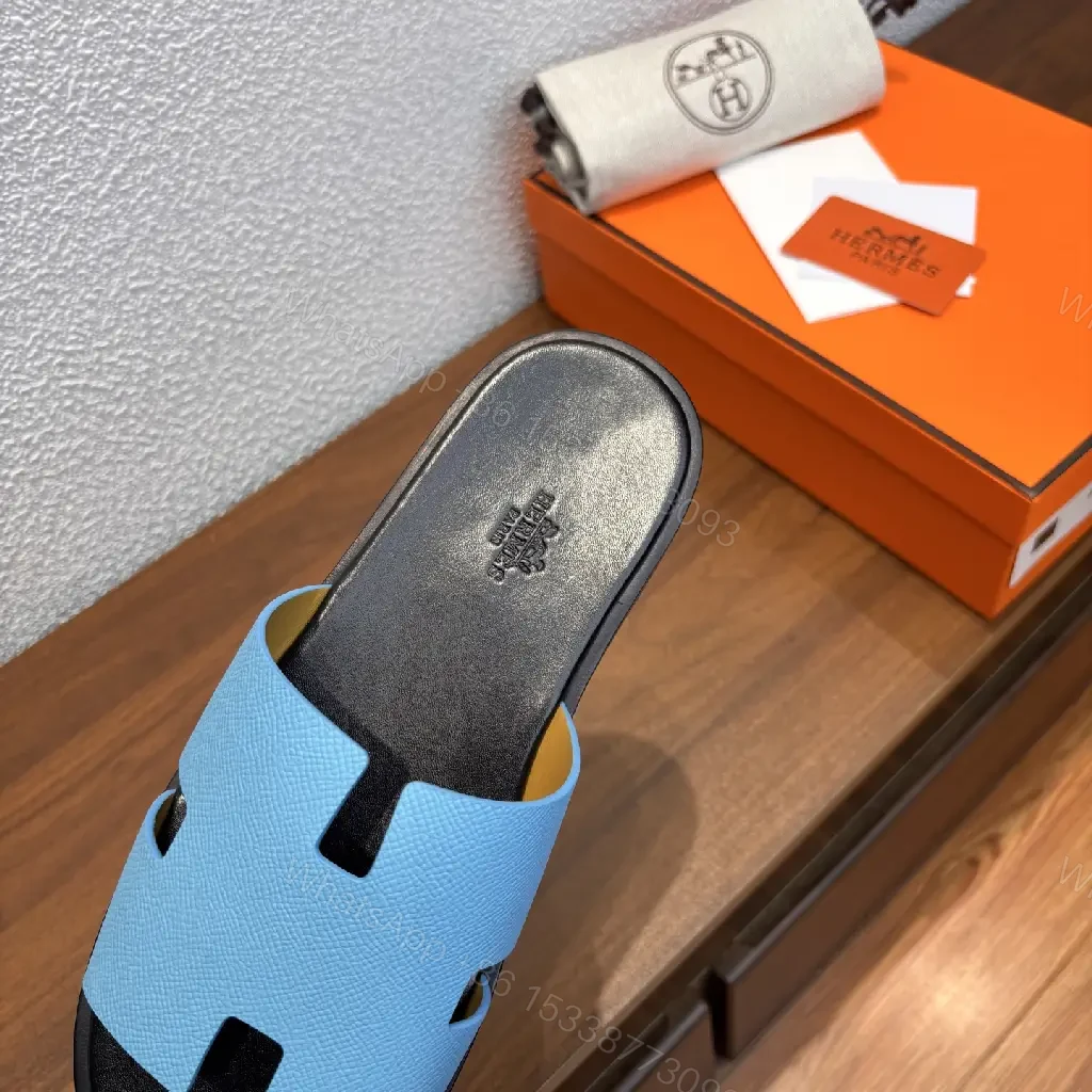 View 4 of Blue Leather Slide Sandals - Hermes Style, Comfortable Slip-ons