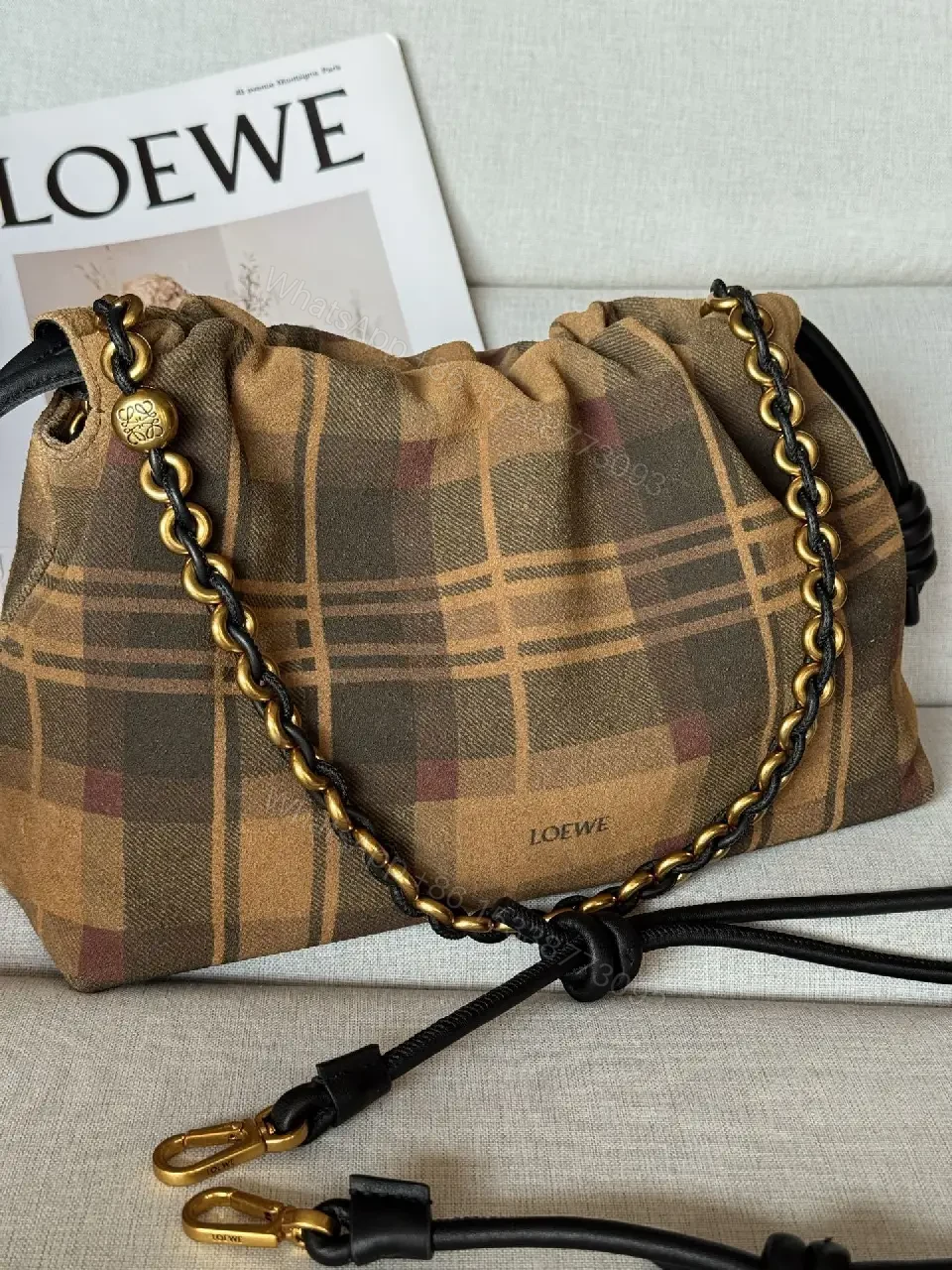 View 4 of Brown Plaid Leather-Trim Shoulder Bag with Chain Detail