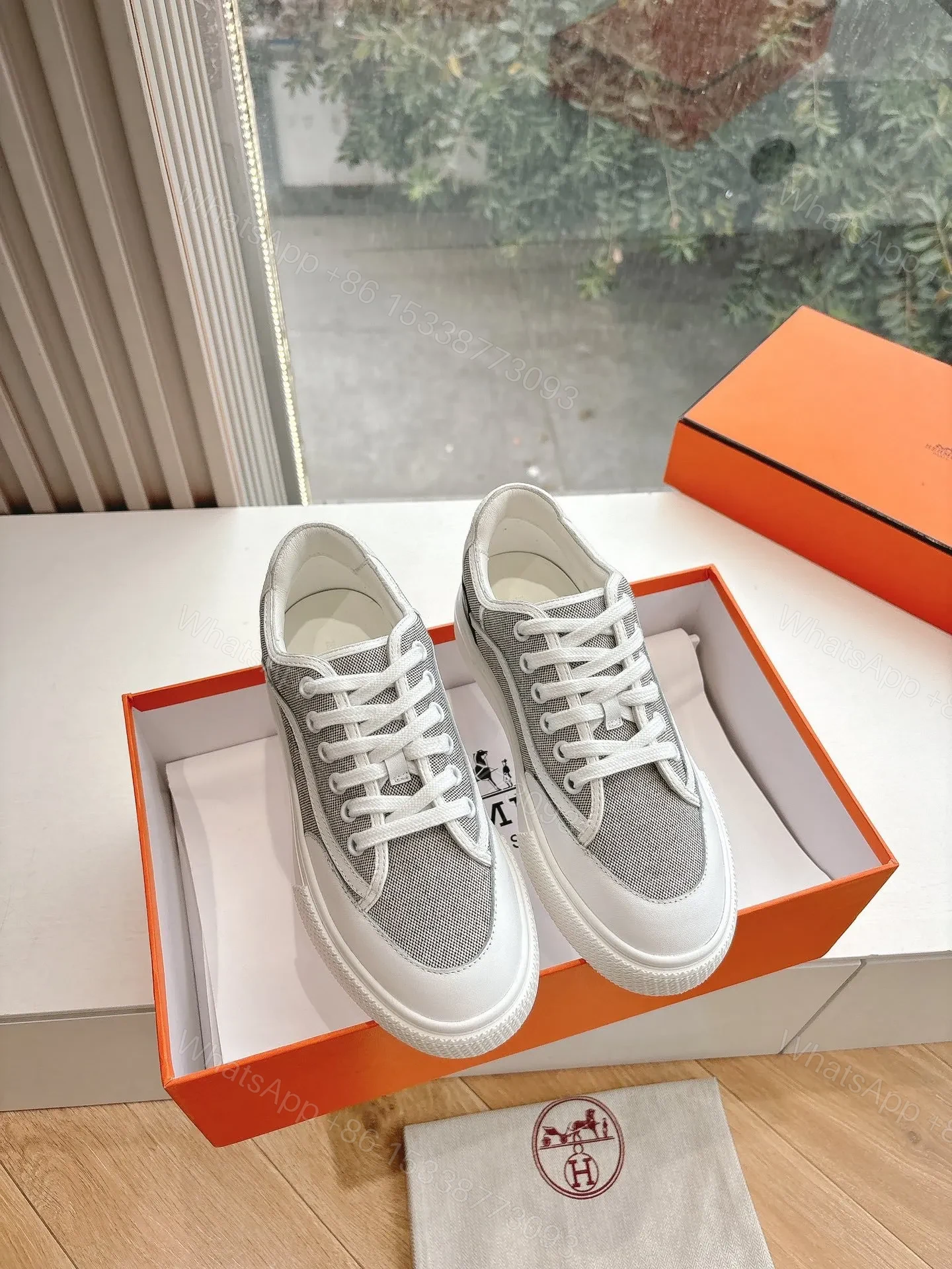 Hermes Women White Gray Mesh Canvas Sneakers — view 1