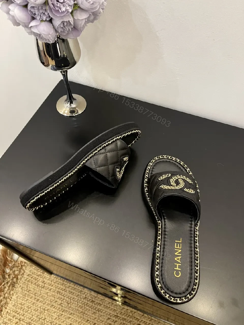 View 9 of Black Leather Slip-Ons with Chain Detailing Sandals