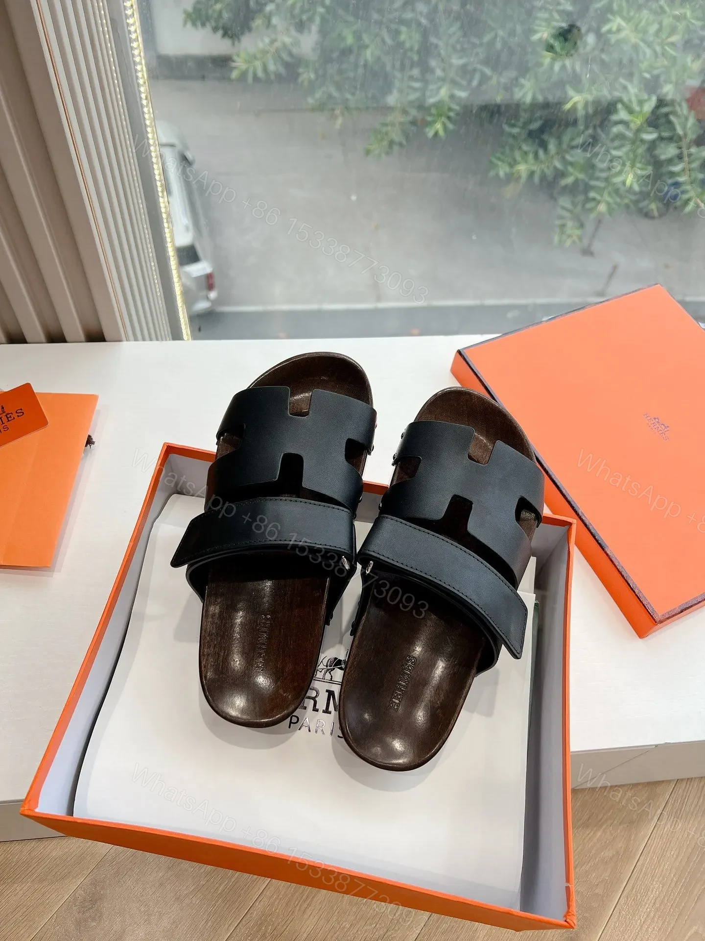View 4 of Hermes Women Black Leather Strap Sandals