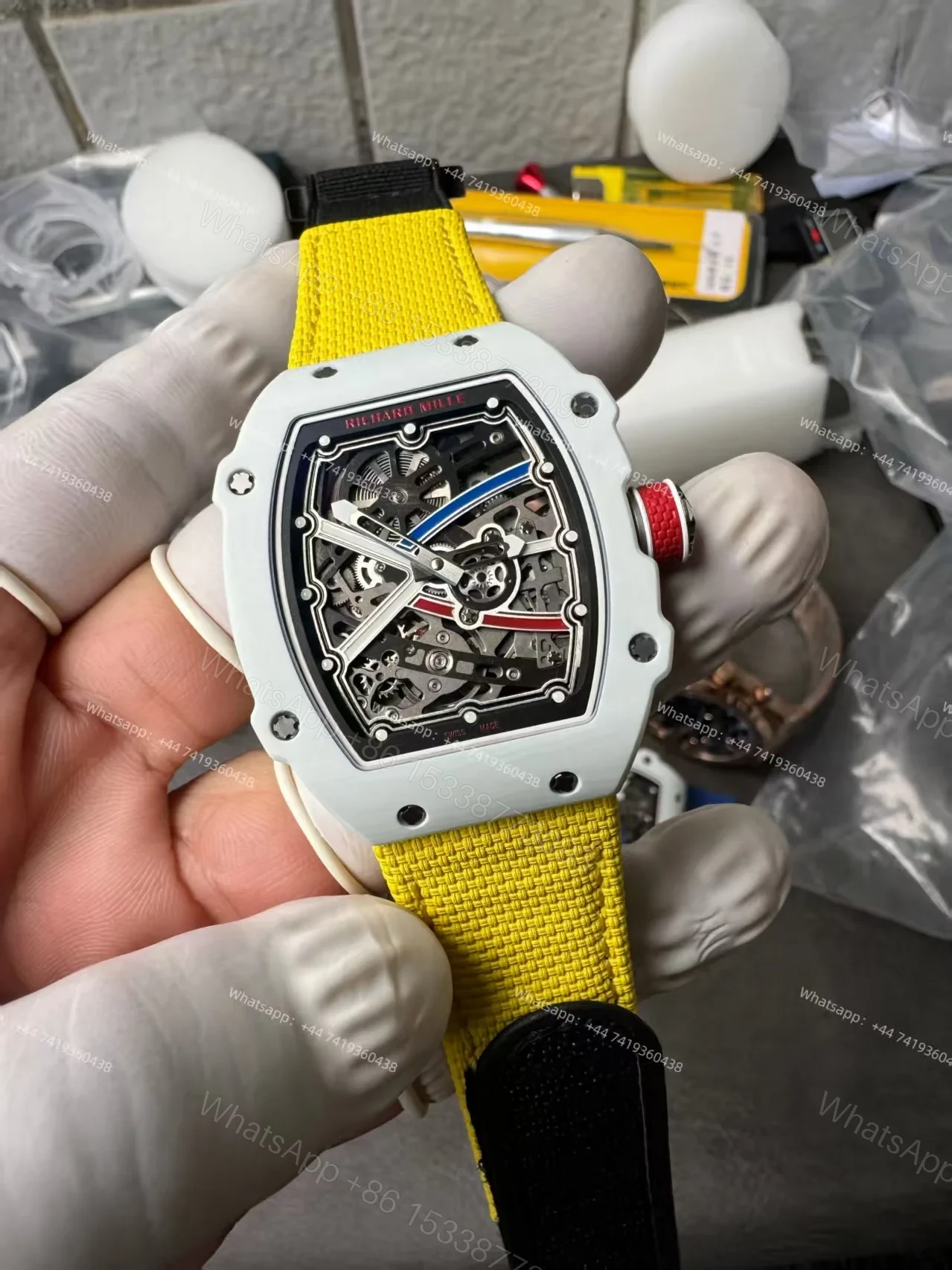 View 12 of Super Clone Richard Mille RM67-02 White Ceramic Skeleton Tourbillon 1:1 Replica Watch with Yellow Strap