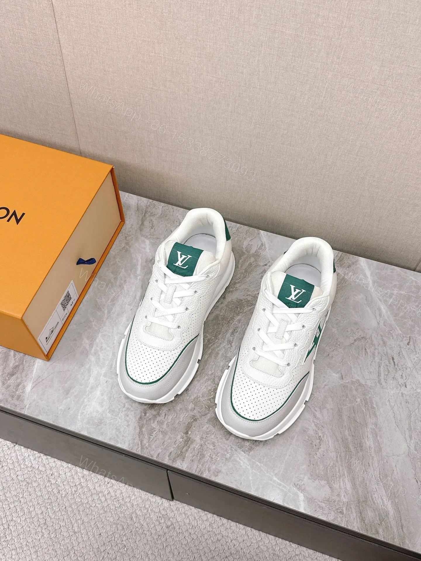 View 4 of LV Women White Leather Green Accent Sneakers