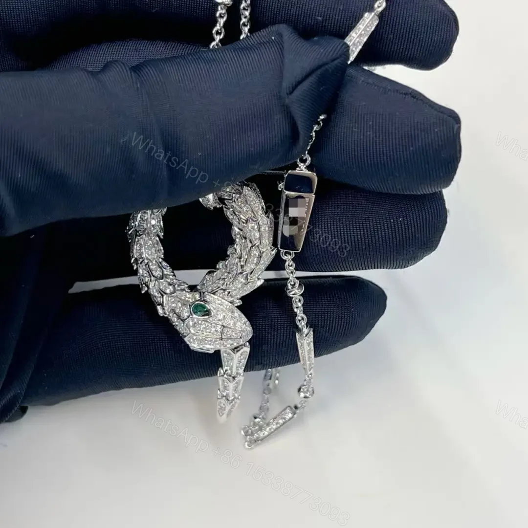 View 3 of 18kt White Gold Bvlgari Serpenti Viper Pendant Necklace with Diamonds and Emerald