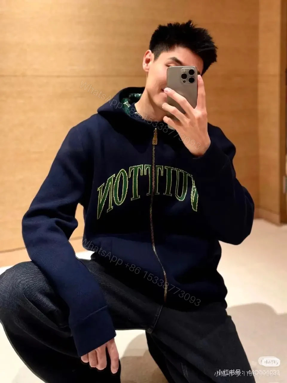 View 3 of Navy Zip Hoodie with Verdant Embroidery - Street-Chic Zip Front Hoodie