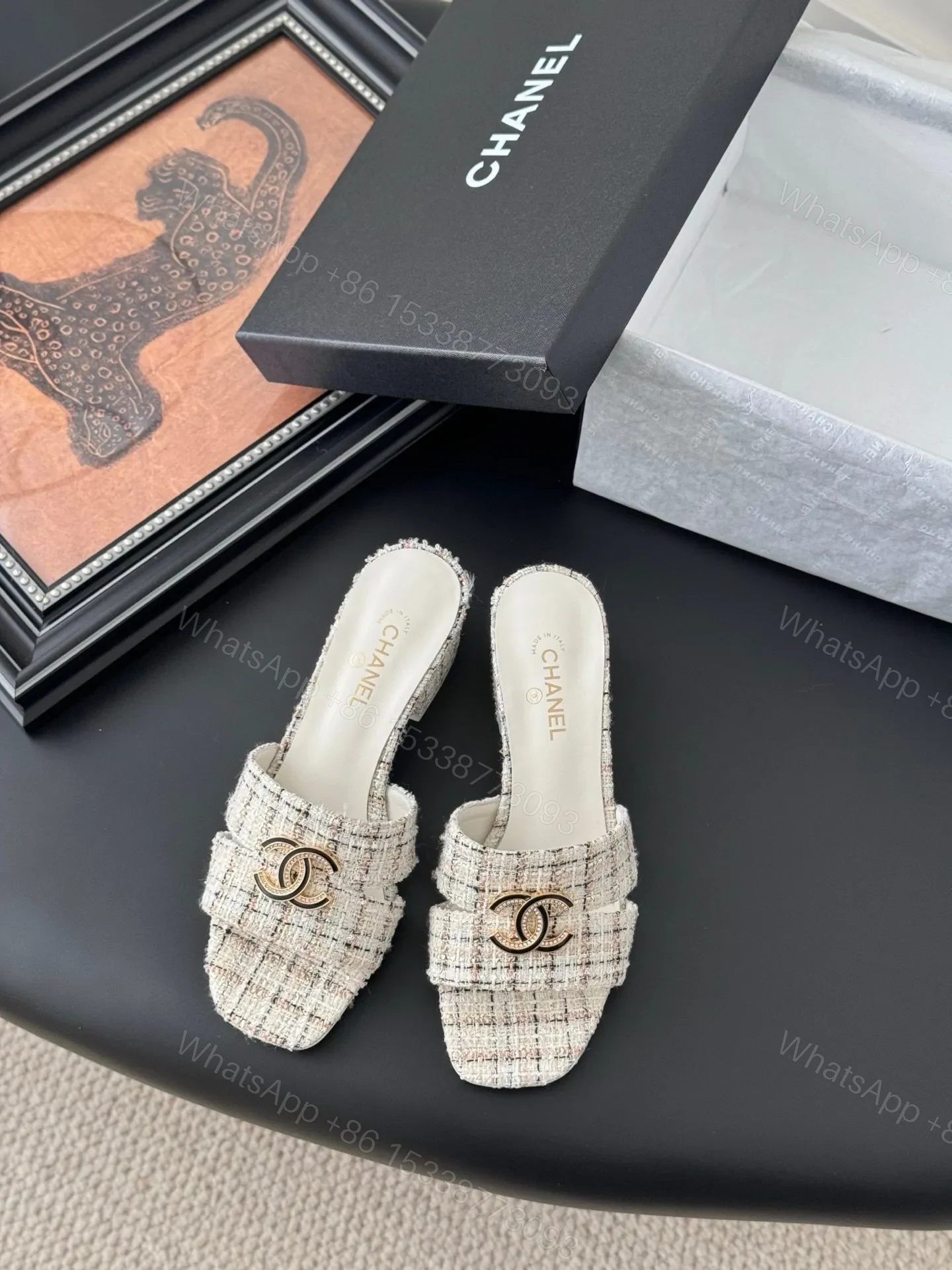 Chanel Women Cream Tweed Slides — view 1