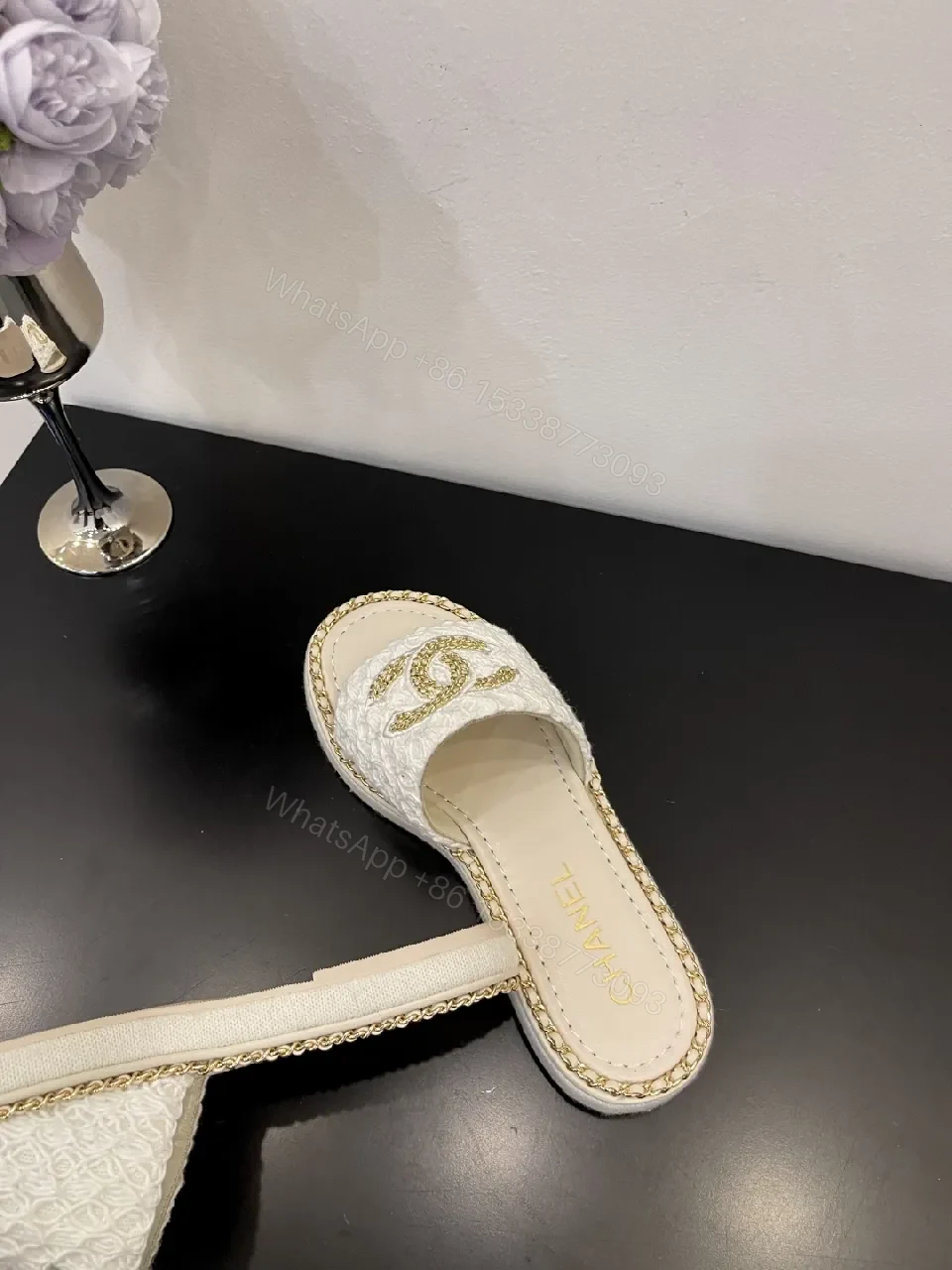 View 8 of White + Leather-like + Slip-On + Gold Chain Detail + Sandals
