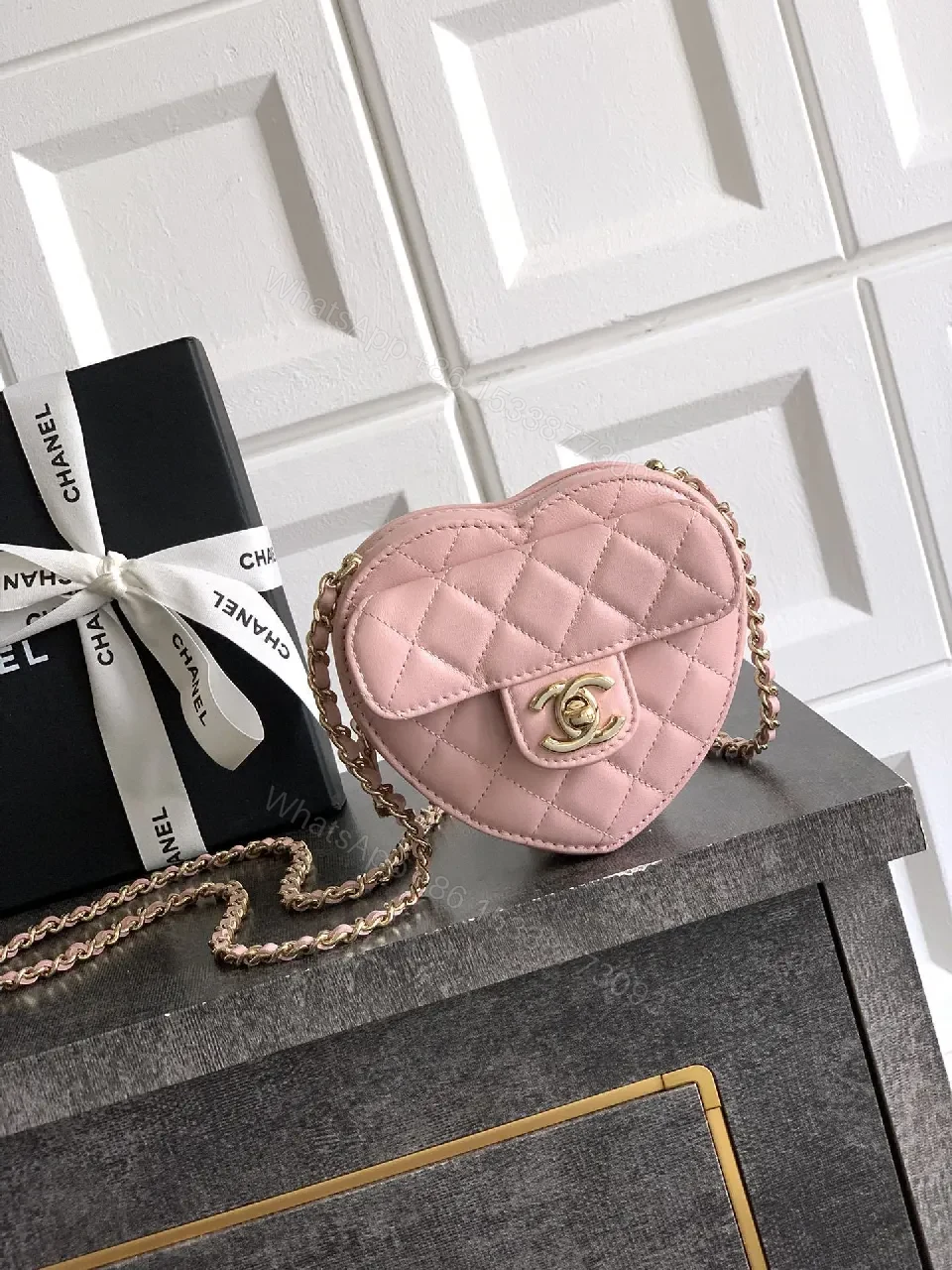 Soft Pink Quilted Heart Mini Bag with Gold Logo Bag — view 1