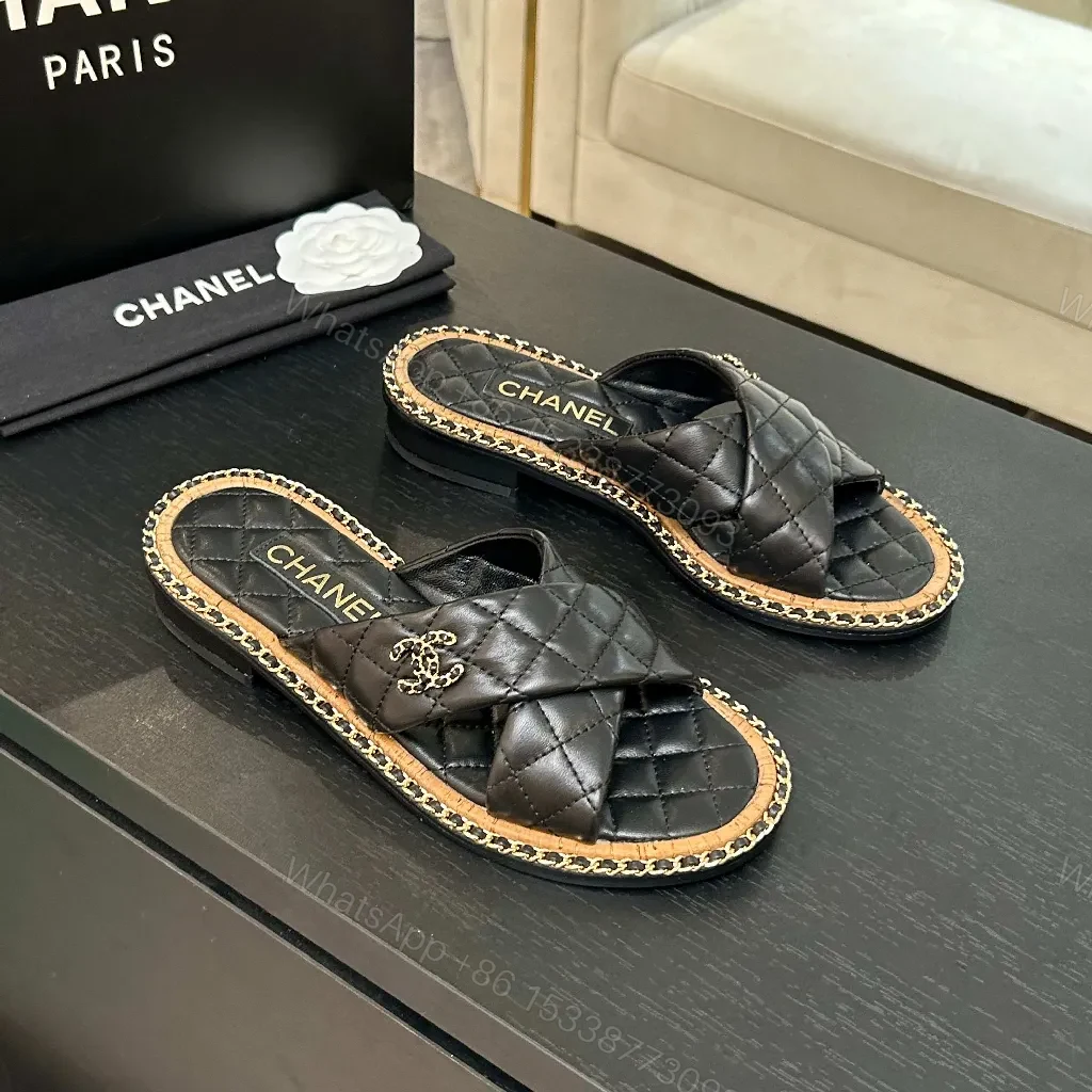 View 4 of Black Quilted Slip-Ons with Chain Trim: Elevated Comfort