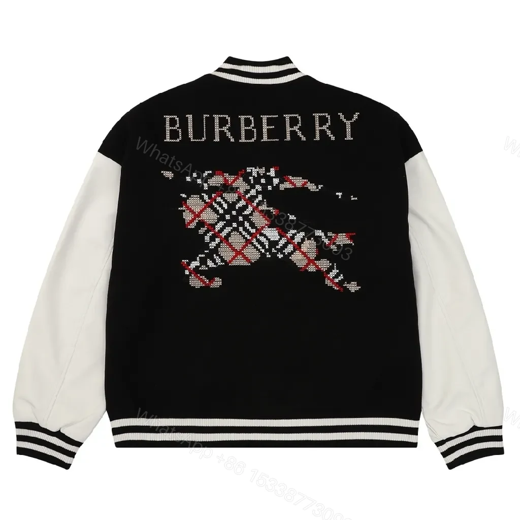 View 6 of Black & Ivory Varsity Jacket - Knit Outerwear, Contrast Sleeve, Signature Trim