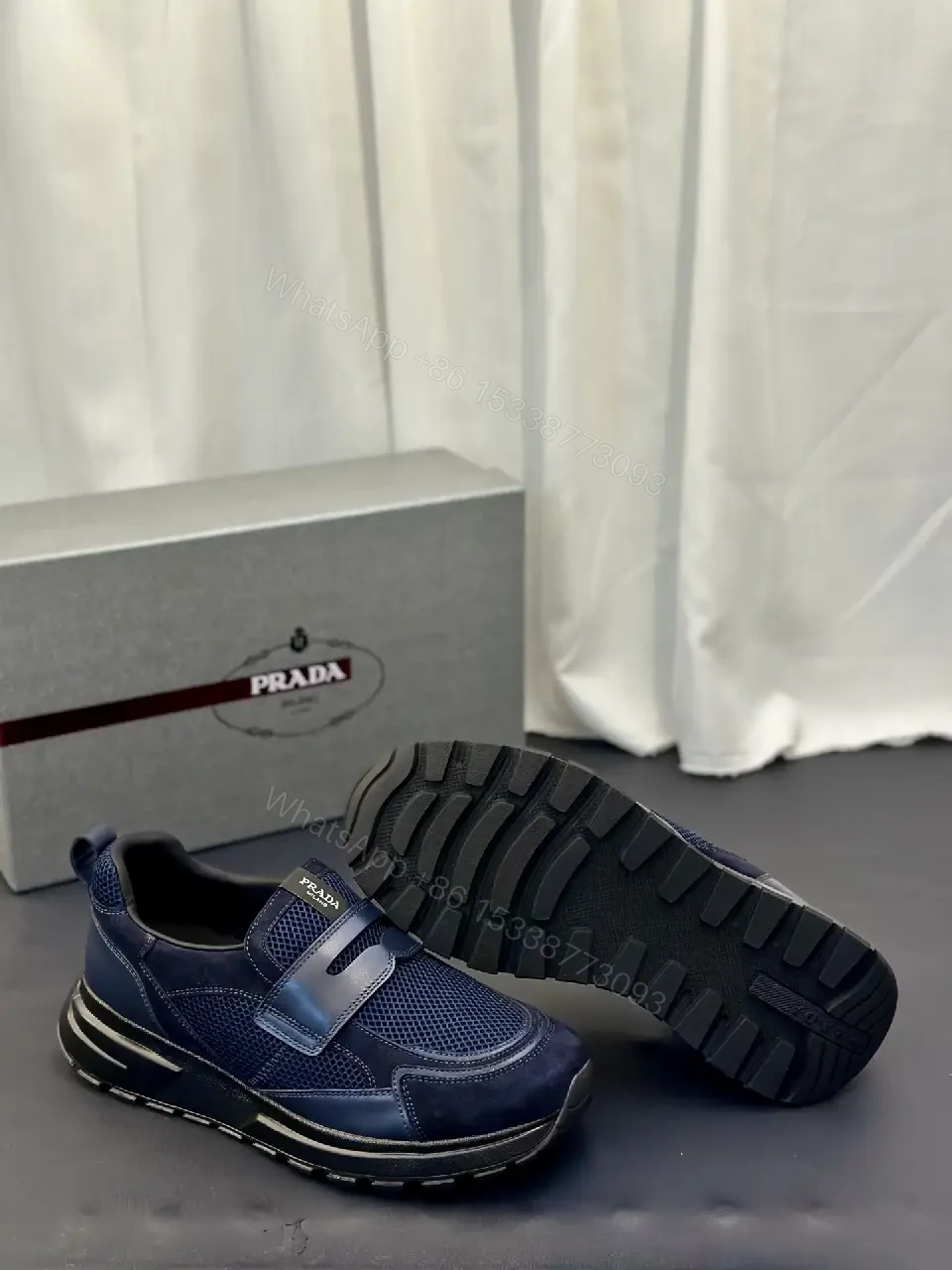 View 5 of Blue Mesh Slip-On Prada-Style Sneaker with Hook-and-loop Strap