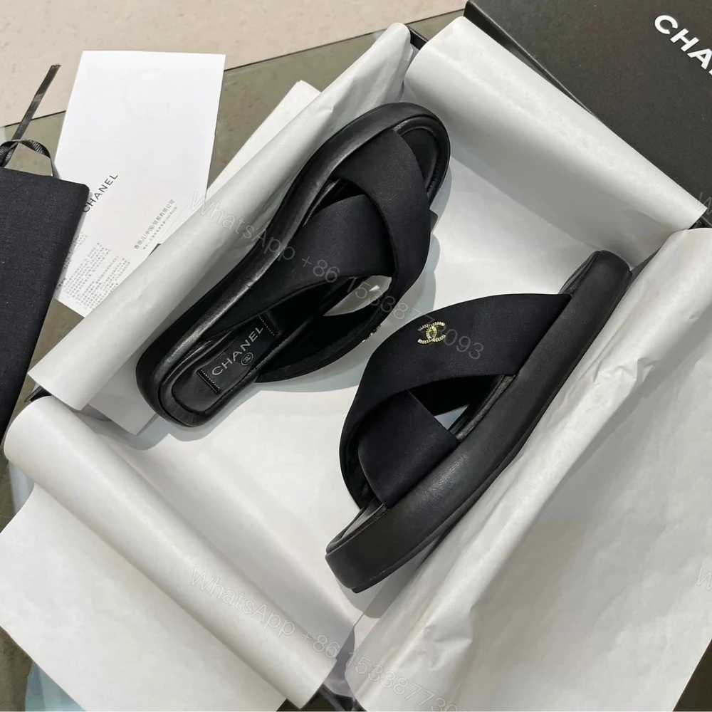 View 4 of Chanel CC Logo Criss Cross Slides Black