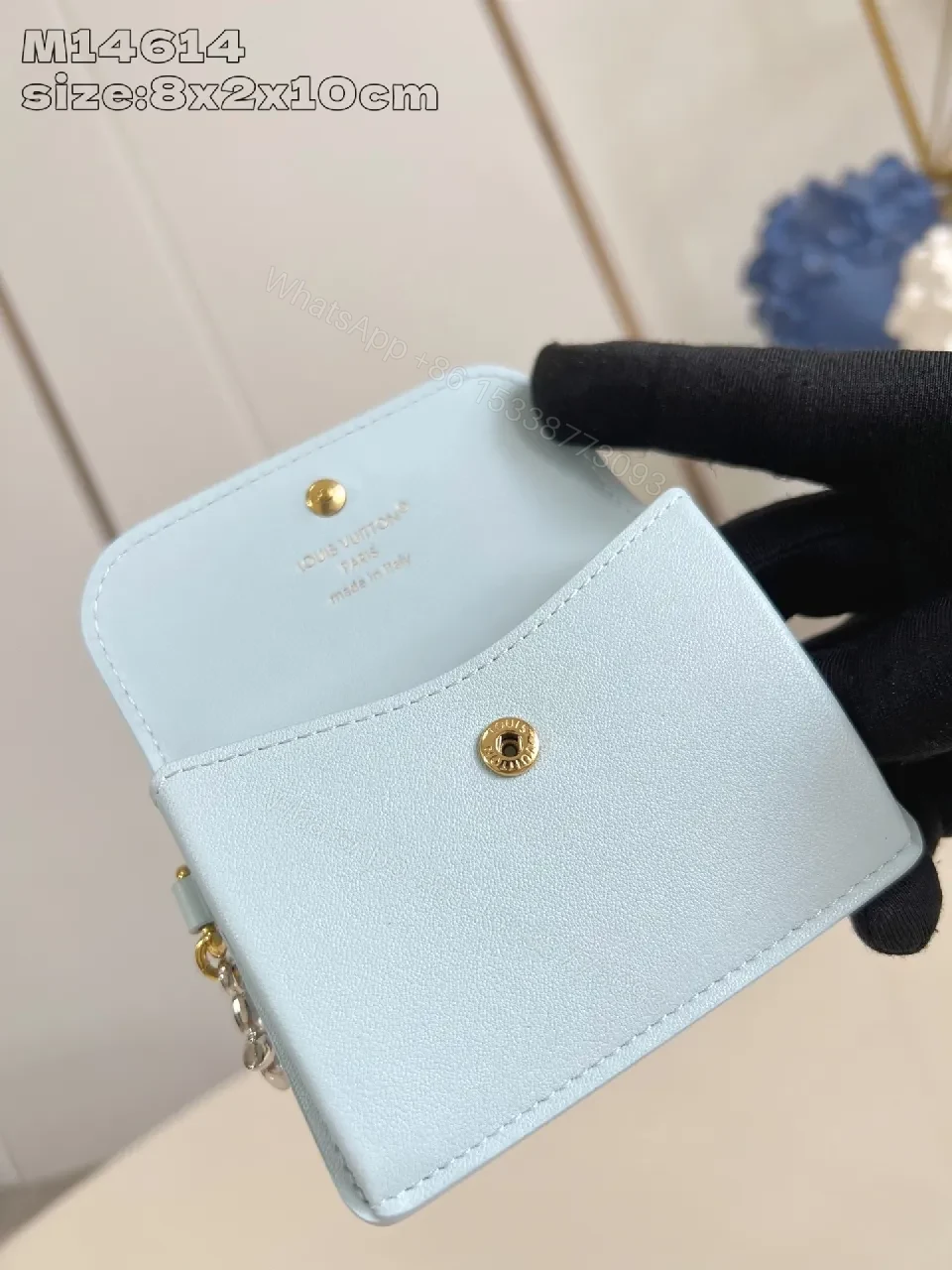 View 5 of Powder Blue Calfskin Mini Wallet with Gold Hardware