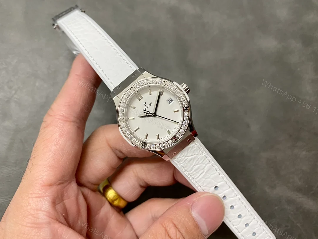 View 4 of Hublot Classic Fusion Ladies Replica 33MM Premium Diamond Bezel White Leather Strap Edition RG-HUBLOT-FUSION-LADIES-33