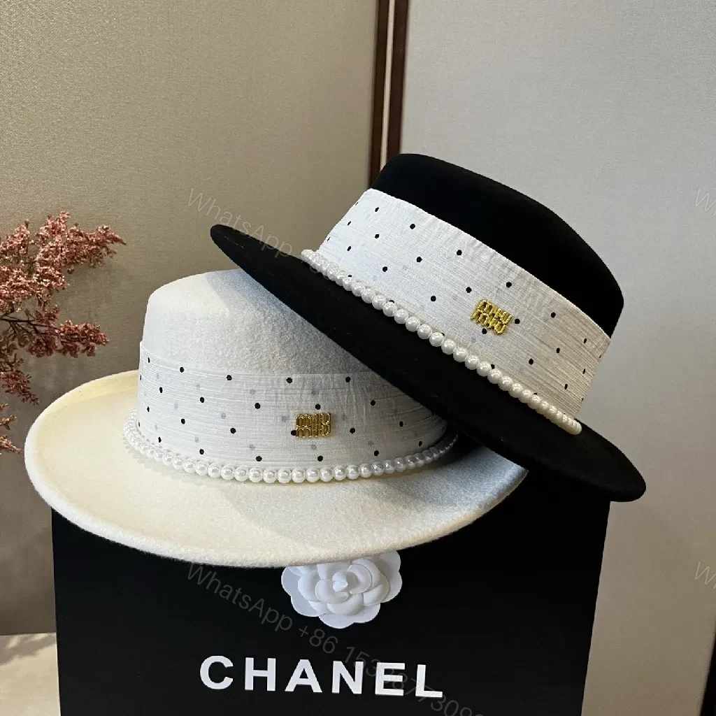 View 4 of Polka Dot Wide-Brim Hat with Pearl Trim, Felt, Luxe Style