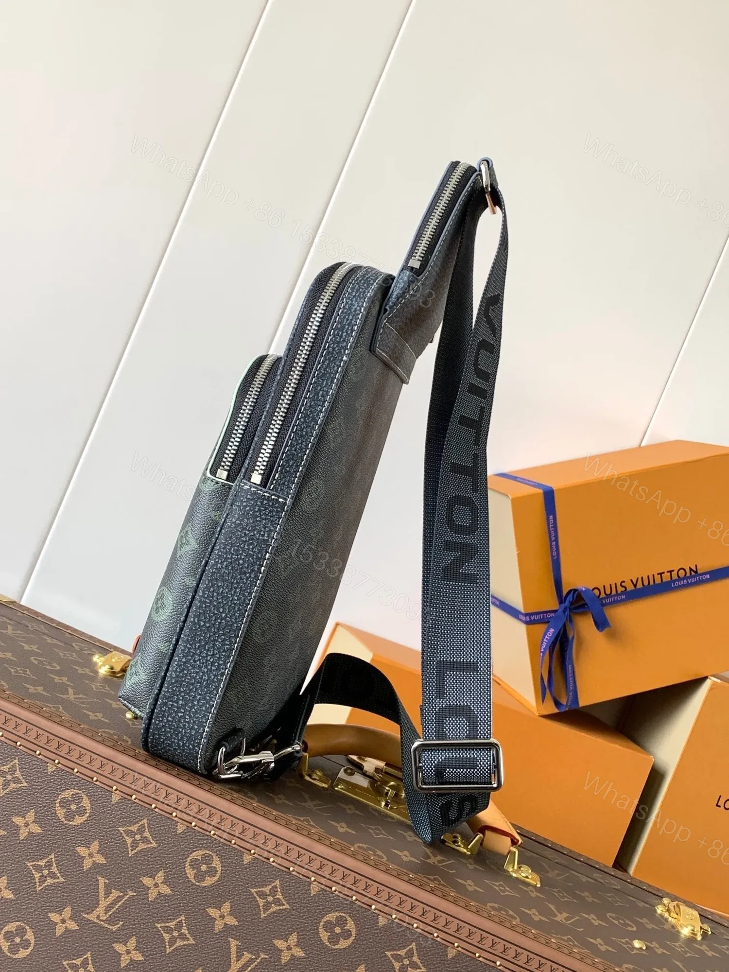 View 3 of LV AVENUE SLINGBAG 31 IN BLACK MONOGRAM CANVAS WITH BROWN LOGO