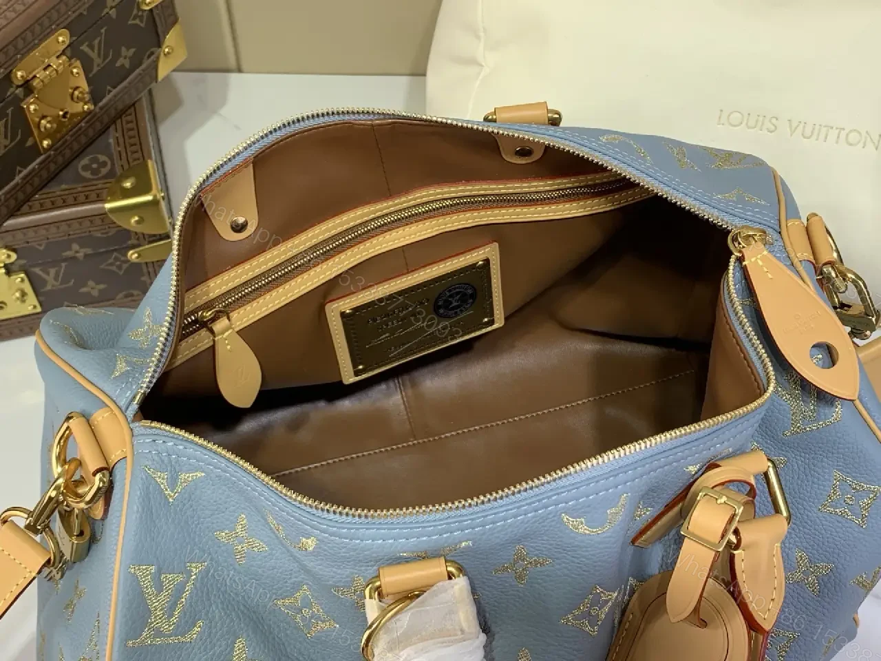 View 3 of Blue Canvas Monogram Duffel Bag, Structured Travel Weekender, Leather Trim