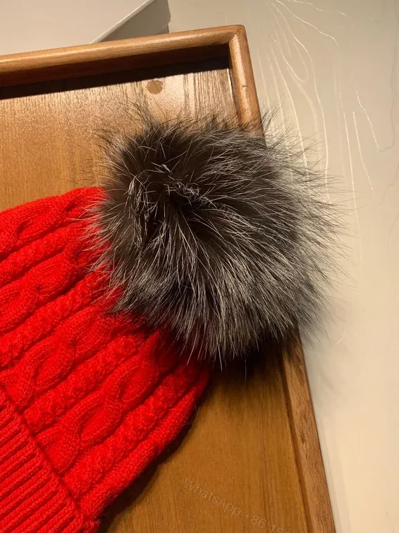 View 9 of Bold Red Cable-Knit Beanie with Pom-Pom, Moncler Style