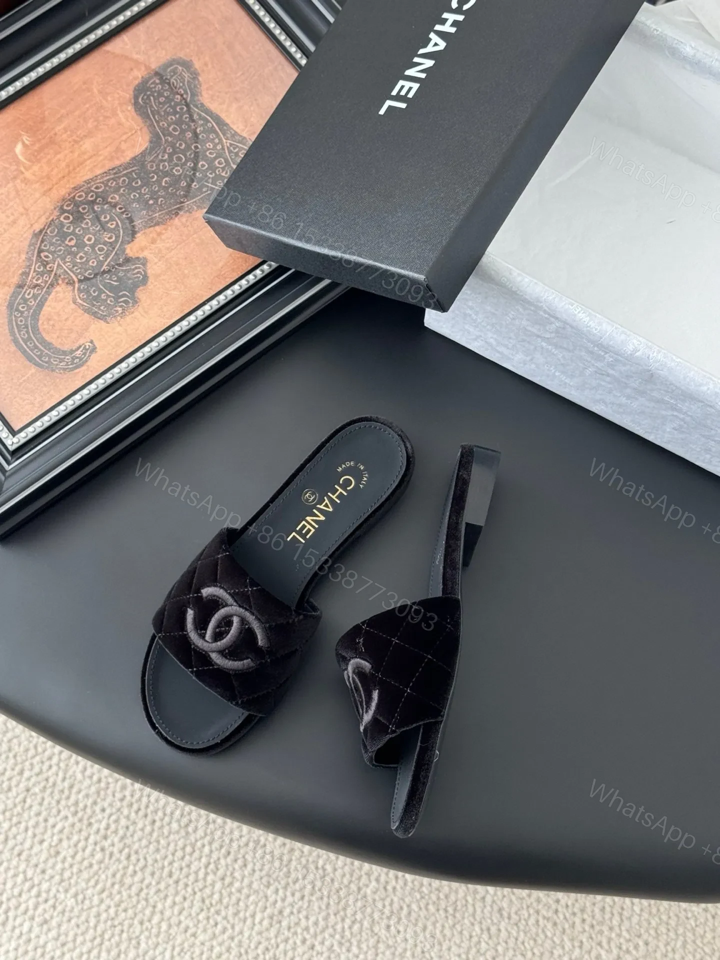View 3 of Chanel Women Black Velvet Quilted Slides