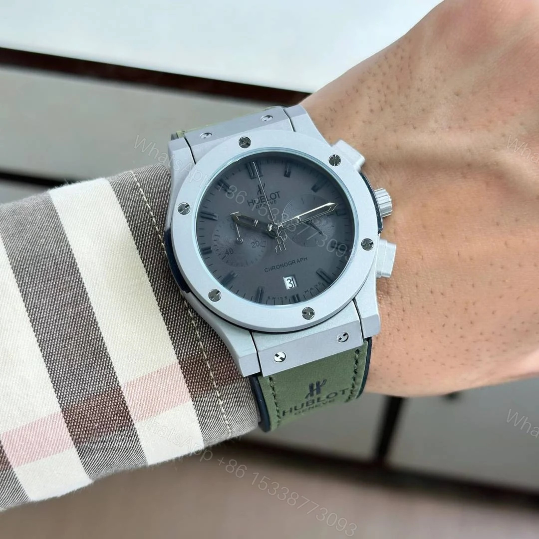 View 5 of First Copy Hublot Big Bang Chronograph Automatic Watch With Grey Dial And Olive Green Leather Strap