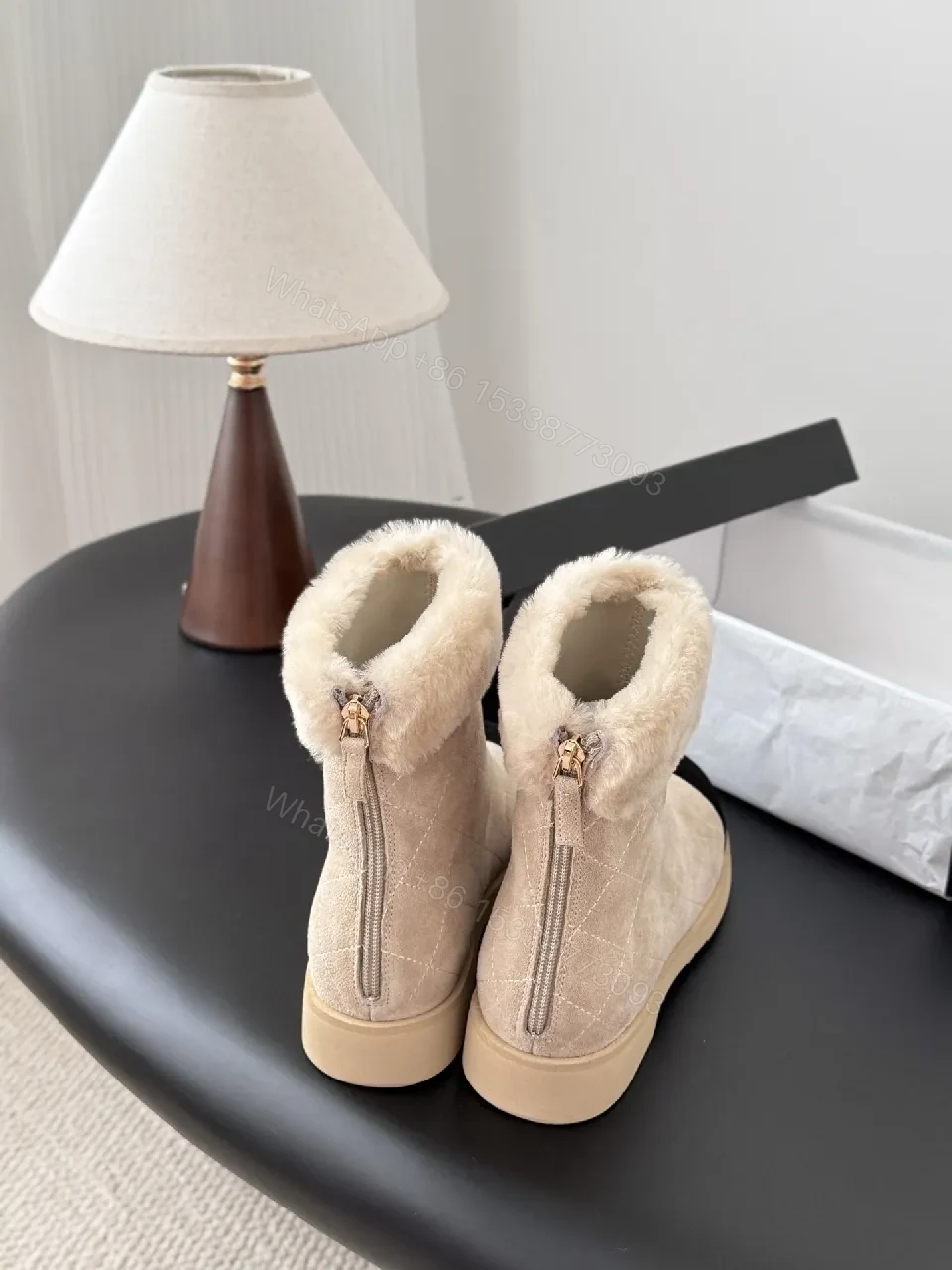 View 2 of Beige Quilted Booties with Black Suede Toe Cap Shine