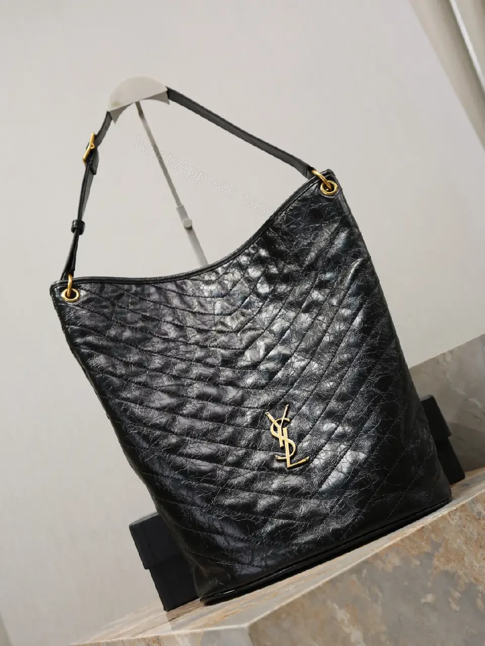 View 8 of Quilted Black Tote with Gold Logo—Luxury Everyday Carry