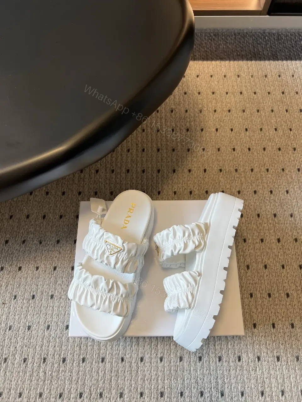 View 7 of White Leather Ruched Slide Sandals Prada Style Slide Sandals