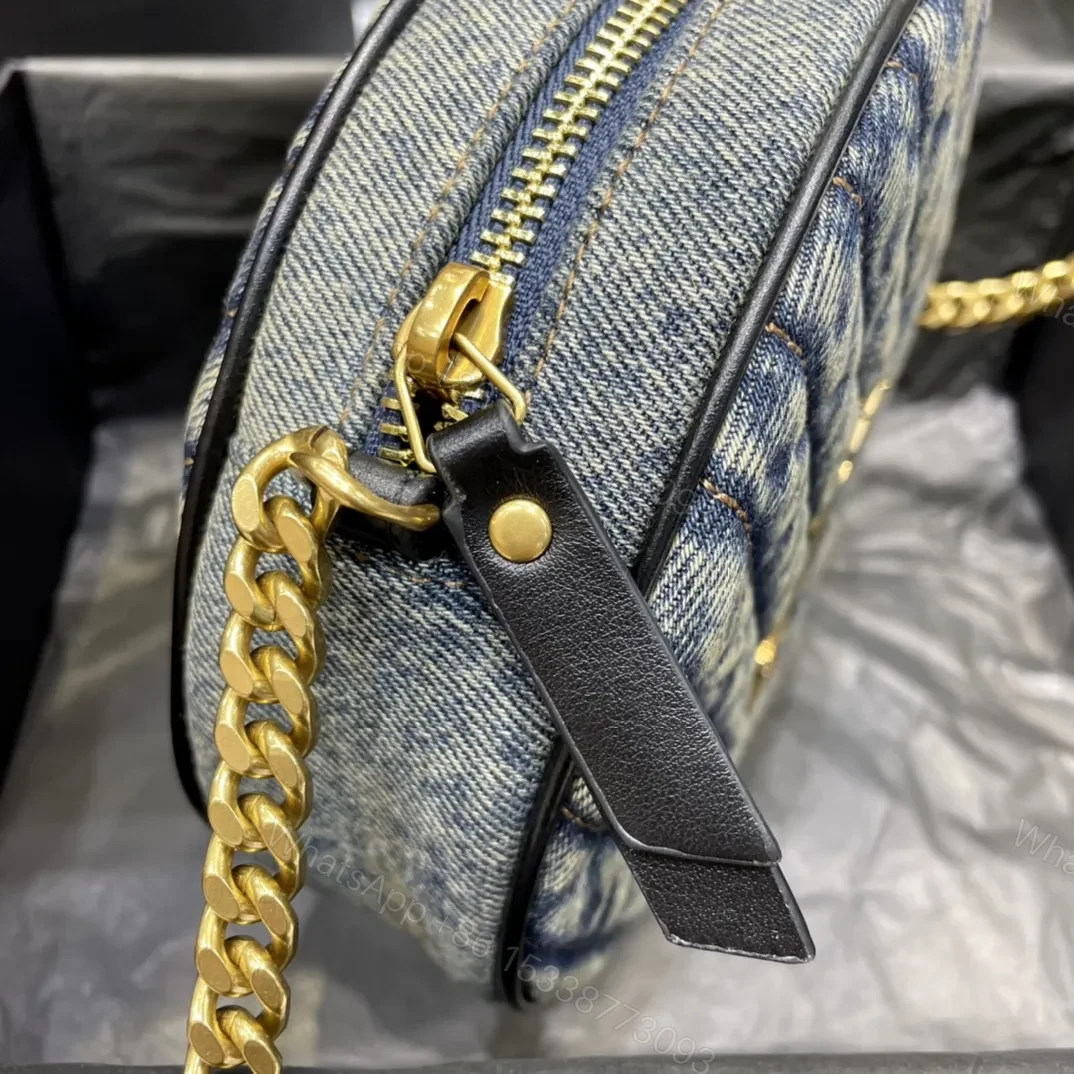 View 4 of Saint Laurent YSL Women Vinyle Round Camera Bag in Chevron-Quilted Denim and Suede