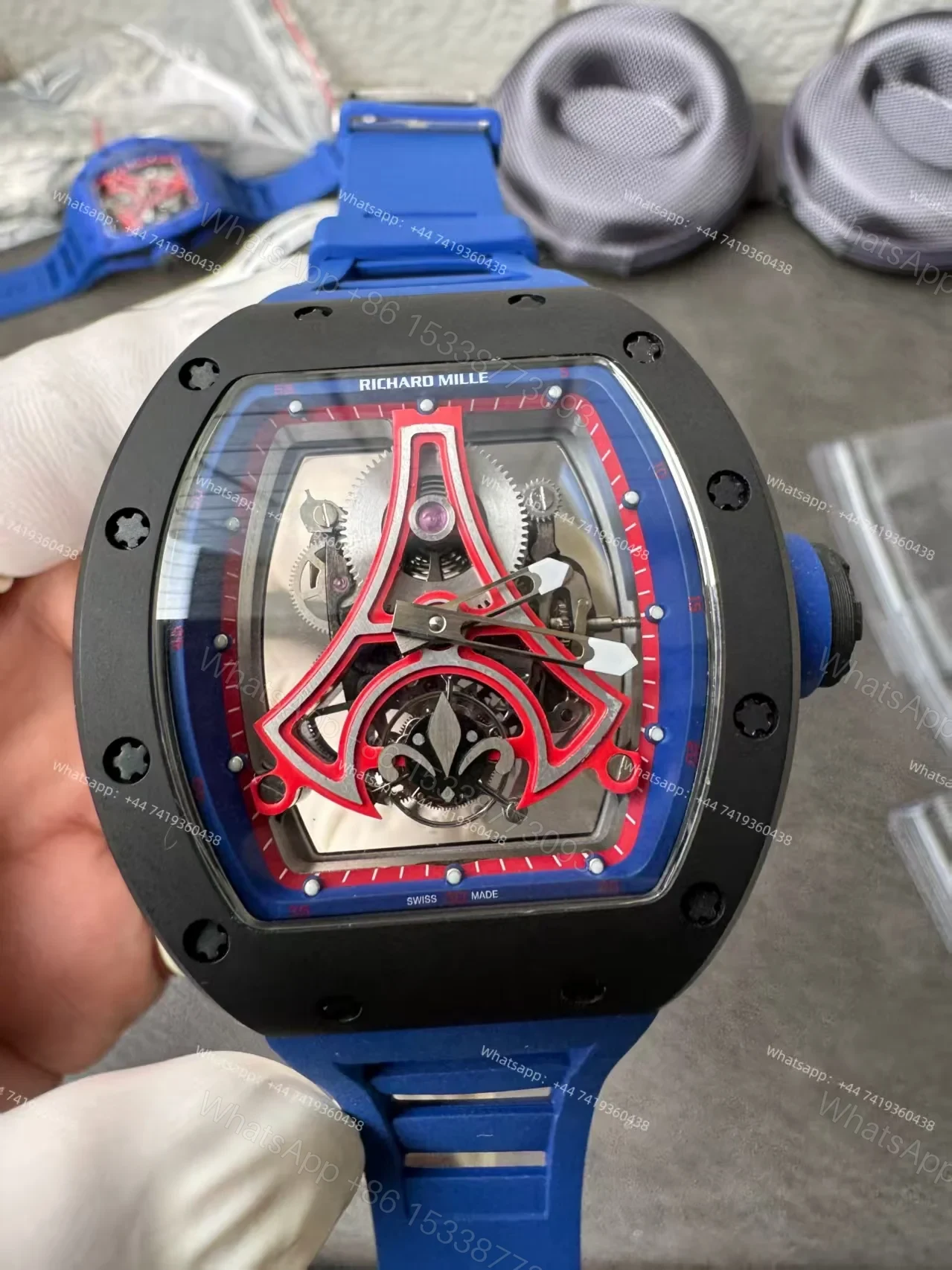 View 2 of Super Clone Richard Mille RM52-03 Paris Saint-Germain Black Ceramic Skeleton Tourbillon 1:1 Replica Watch