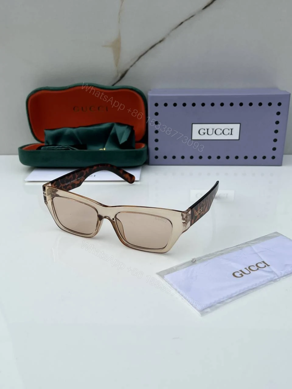 First Copy Gucci Rectangular Sunglasses Beige Transparent Frame Brown Lens — view 1