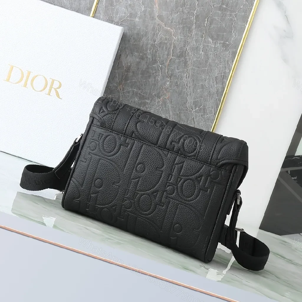 View 6 of Black Embossed Leather Messenger Bag with Luxe Hardware