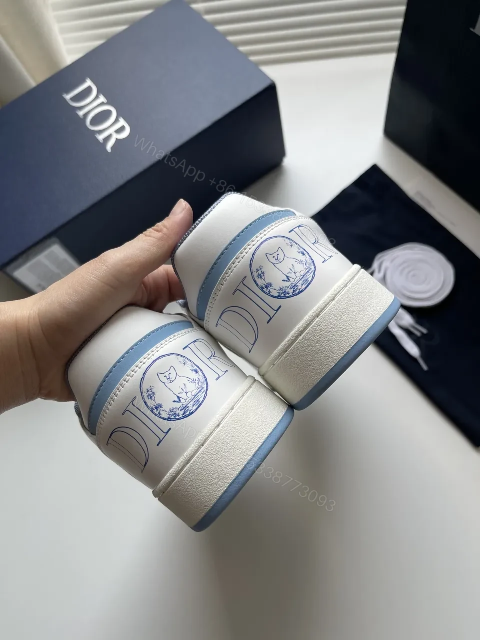 View 3 of White & Ice Blue Leather Sneakers: Subtle Luxury Trainer