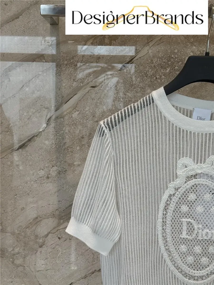 View 2 of White Knit Mesh Top with Dior Crest Embroidered Detail (No Brand Details)