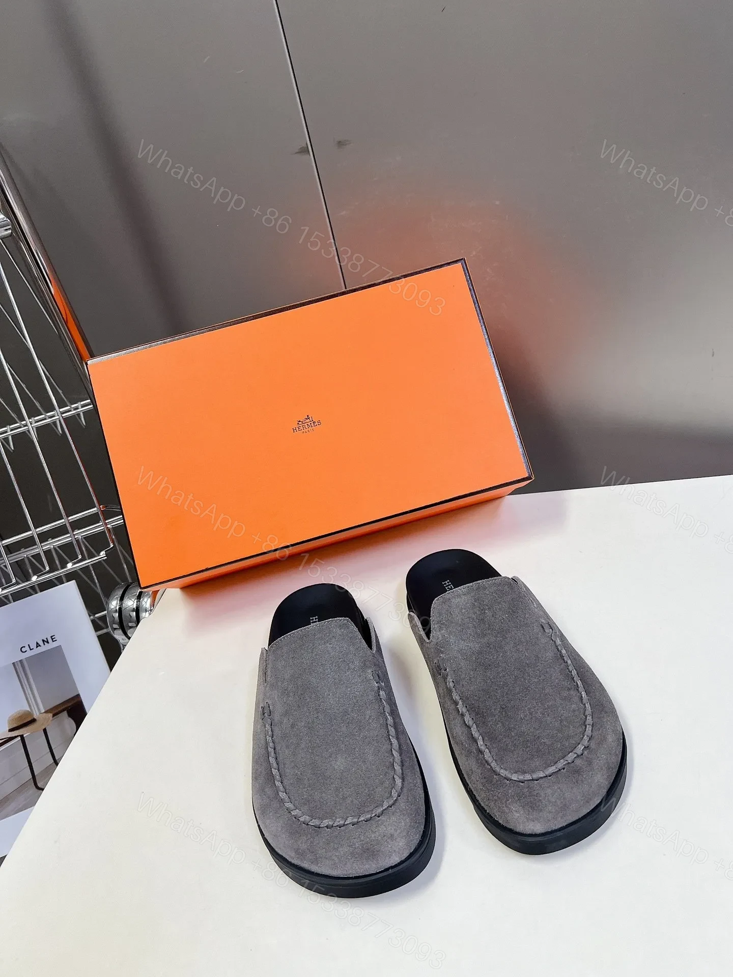 Hermes Women Gray Suede Slip-On Loafers — view 1