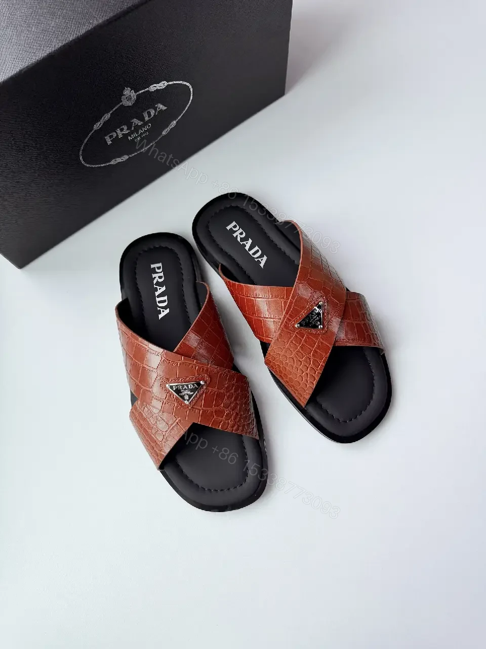 View 2 of Red Leather Crossed-Slip Prada Style Key Feature Sandals